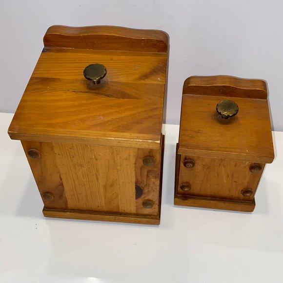 2 Vintage Handmade Wooden Kitchen Canisters Rustic Farmhouse Boho Decor - Picture 2 of 10